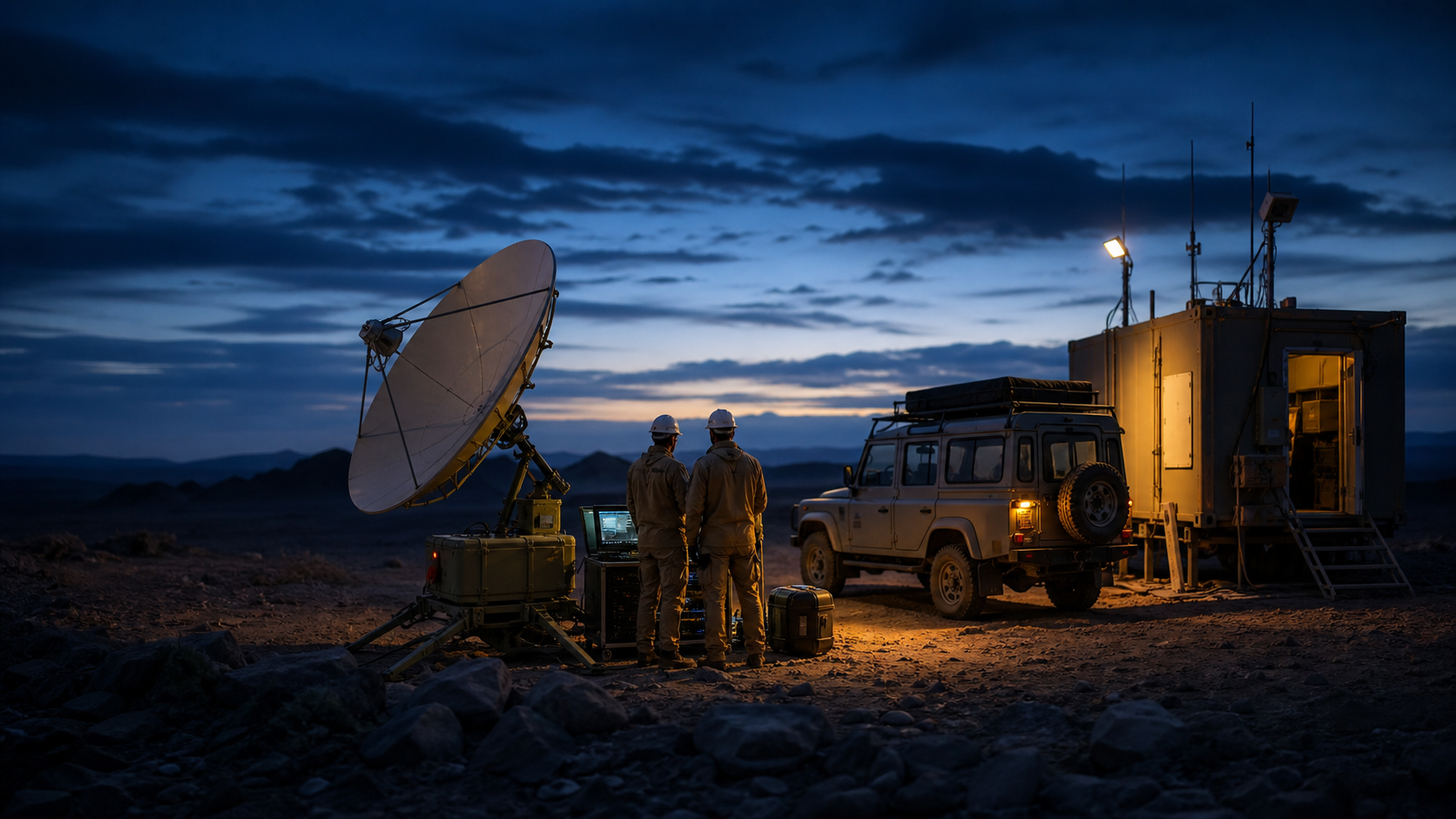 Engineers commissioning a deployable satellite terminal at a remote desert operations site