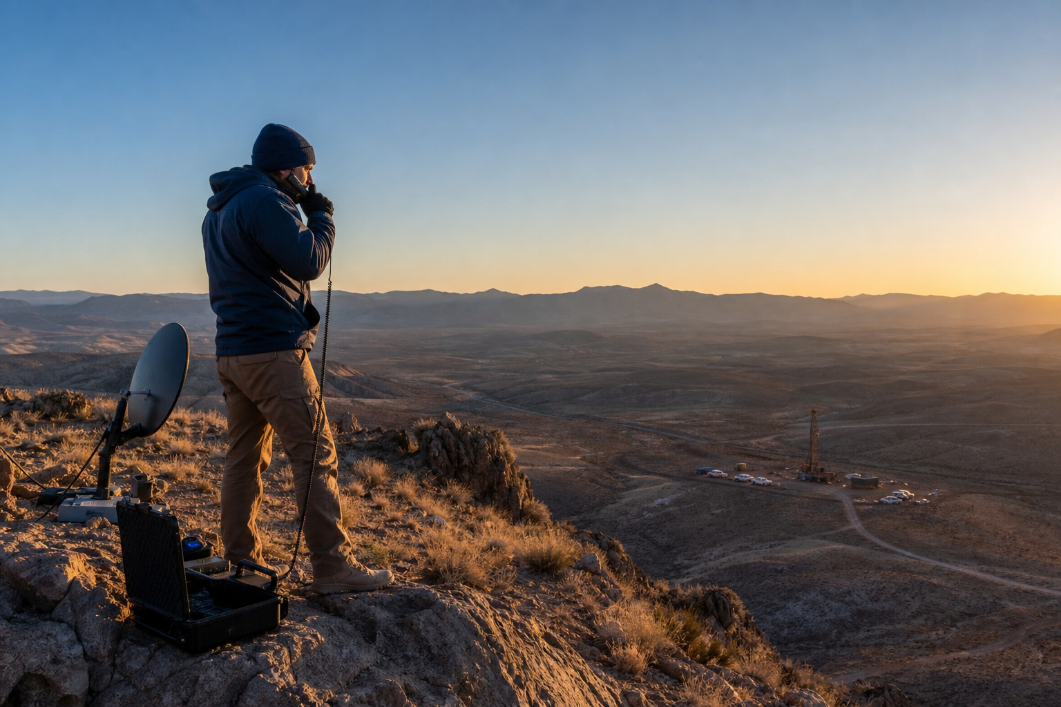 Field operator using compact L-band satellite communications in remote terrain