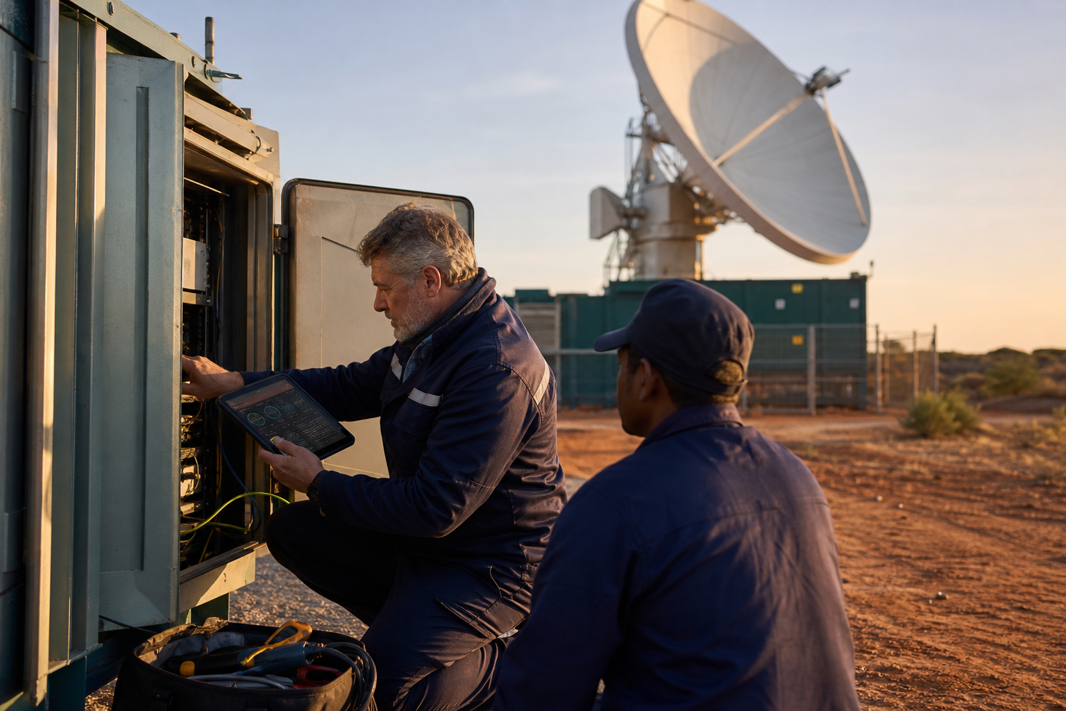 Satellite communications engineer completing a maintenance and handover visit