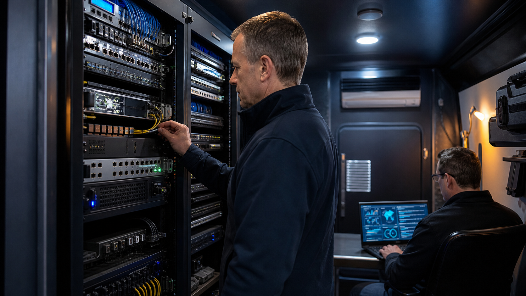 Network engineers integrating satellite, routing and power equipment in a remote shelter