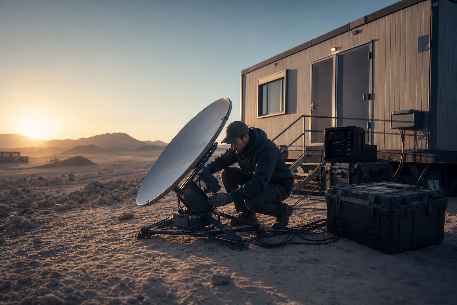 Engineer commissioning a compact fly-away VSAT terminal at a remote field office