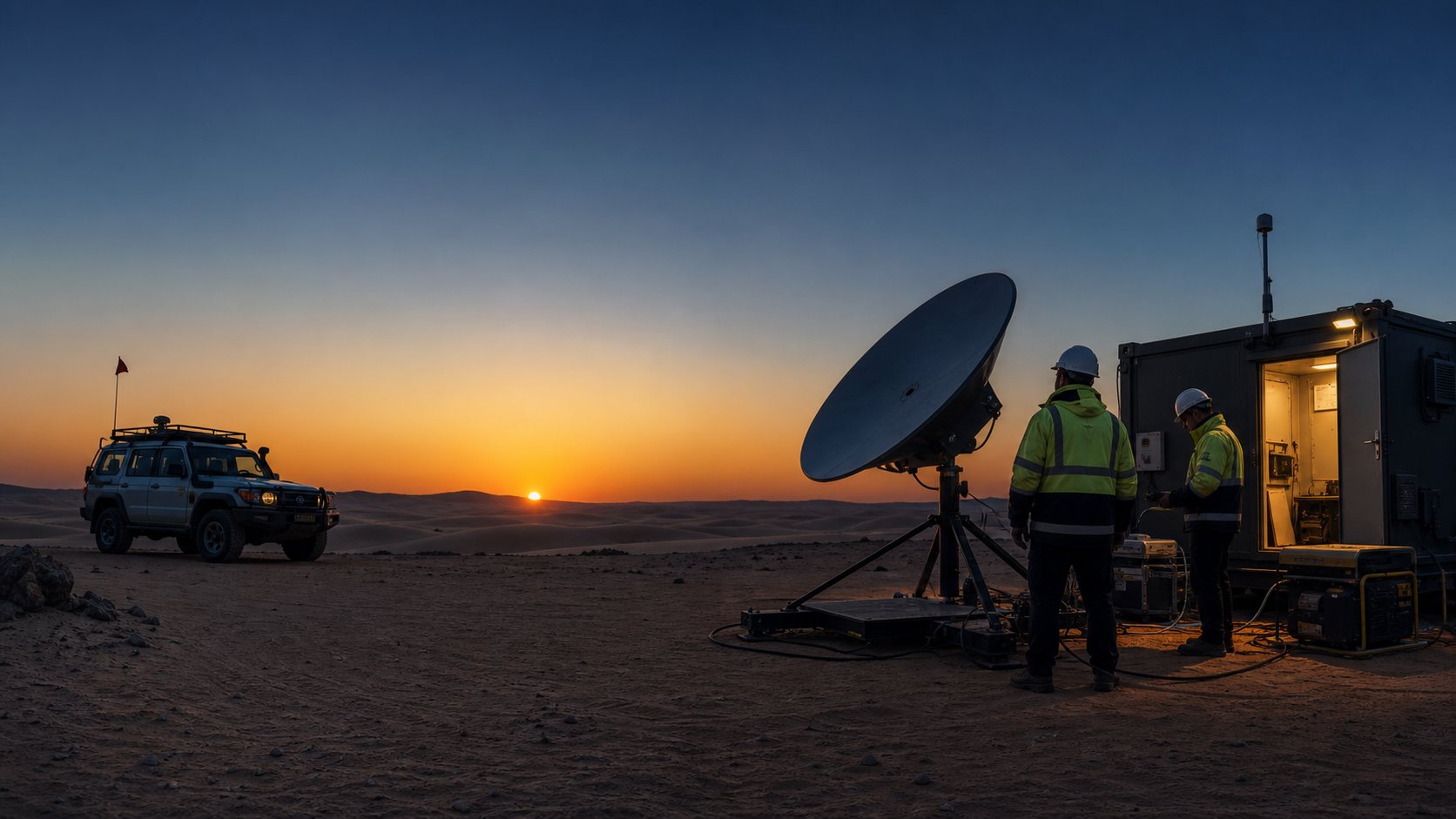 Engineers commissioning a deployable satellite communications base in the desert at sunrise