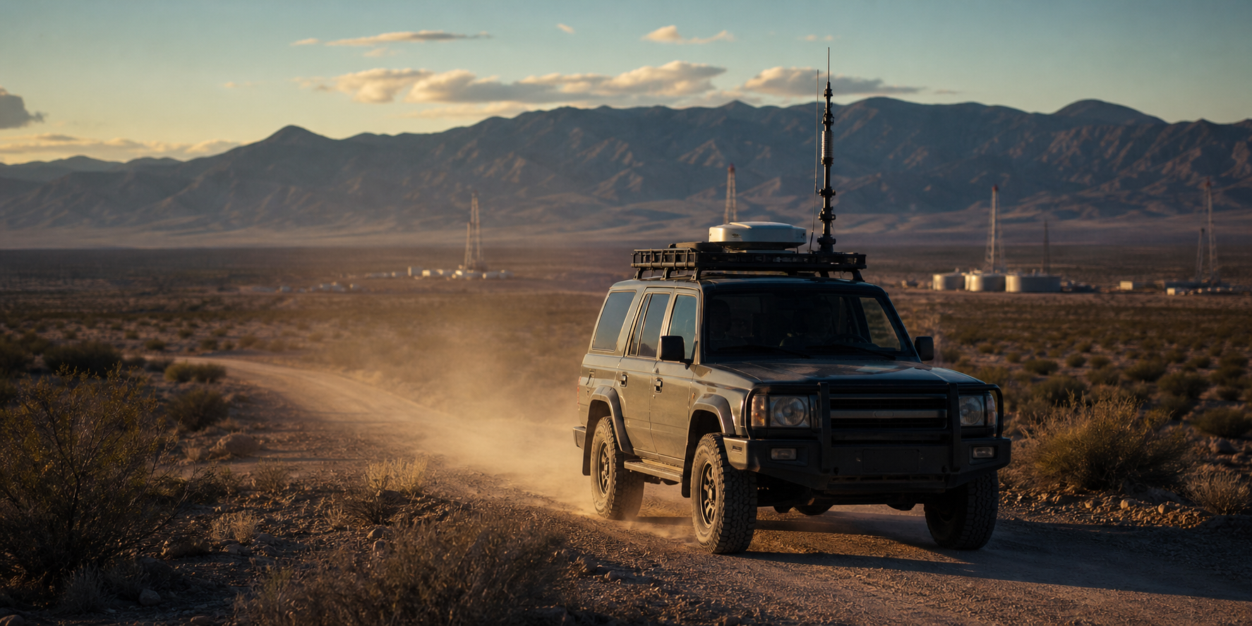 Rugged communications vehicle with a roof-mounted satellite terminal on a desert route