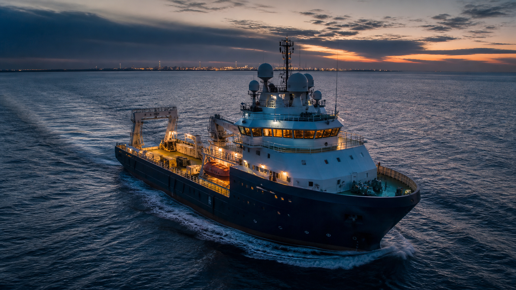 Modern offshore vessel equipped with integrated maritime satellite antennas at dawn